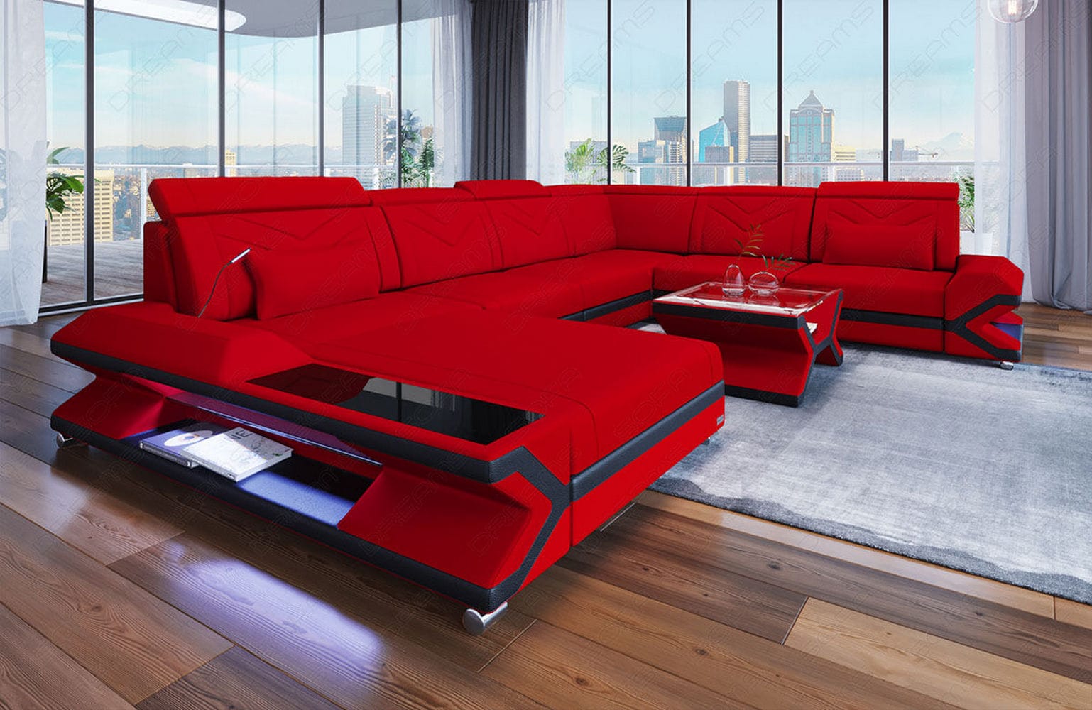 Stoff Wohnlandschaft Napoli XXL – Geräumig & Bequem Rot-Schwarz