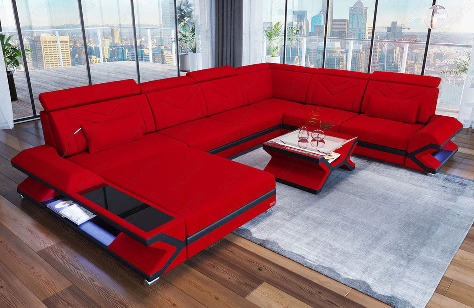 Stoff Wohnlandschaft Napoli XXL – Geräumig & Bequem Rot-Schwarz