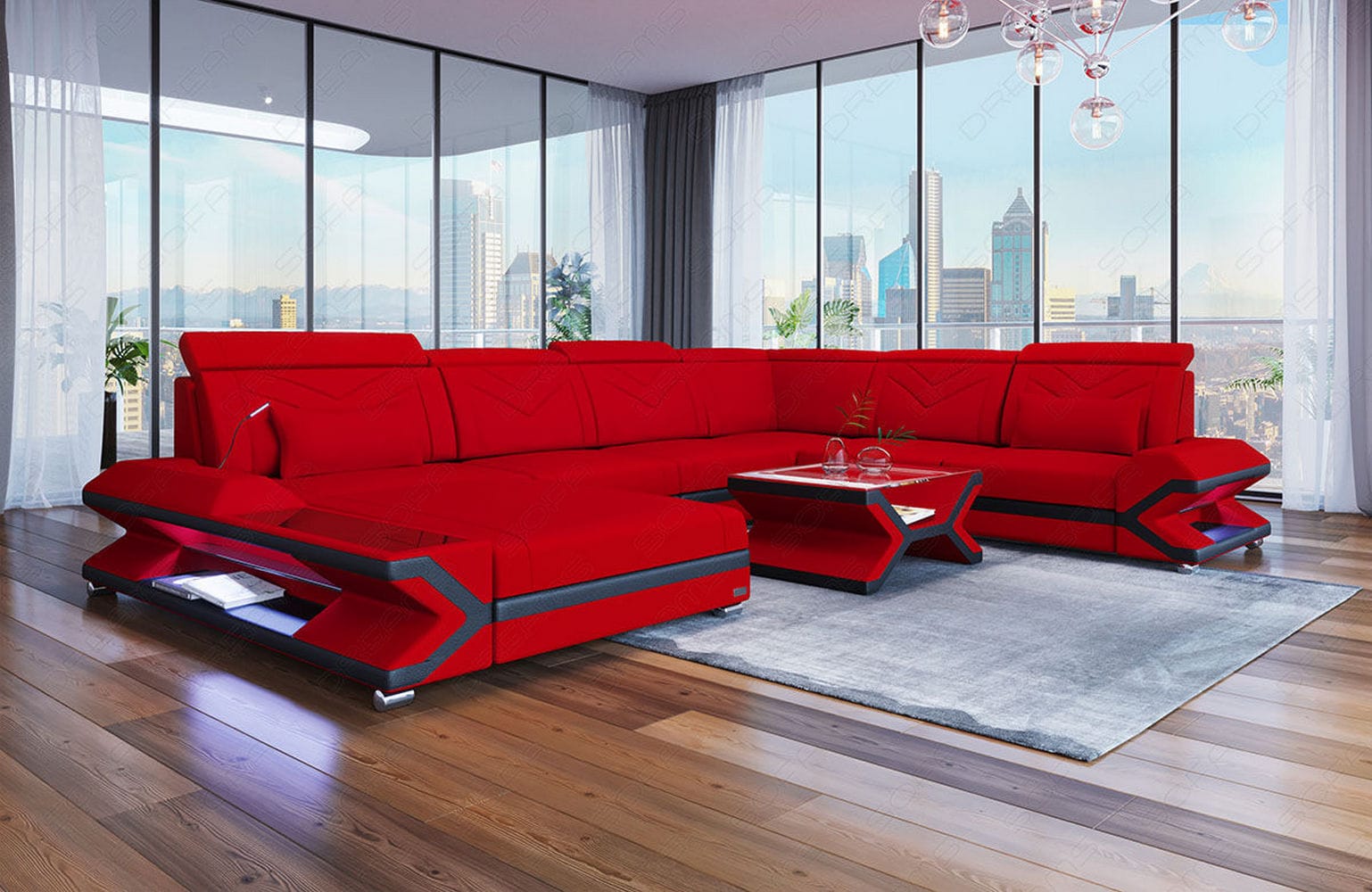 Stoff Wohnlandschaft Napoli XXL – Geräumig & Bequem Rot-Schwarz
