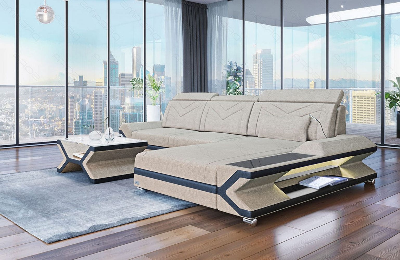 Ecksofa Napoli aus Stoff – Komfort & Stil Elfenbein-Schwarz