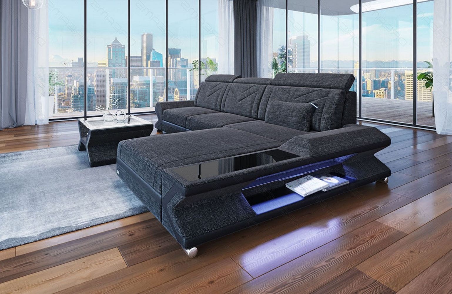 Couch Napoli L Form in Stoff schwarzgrau-schwarz