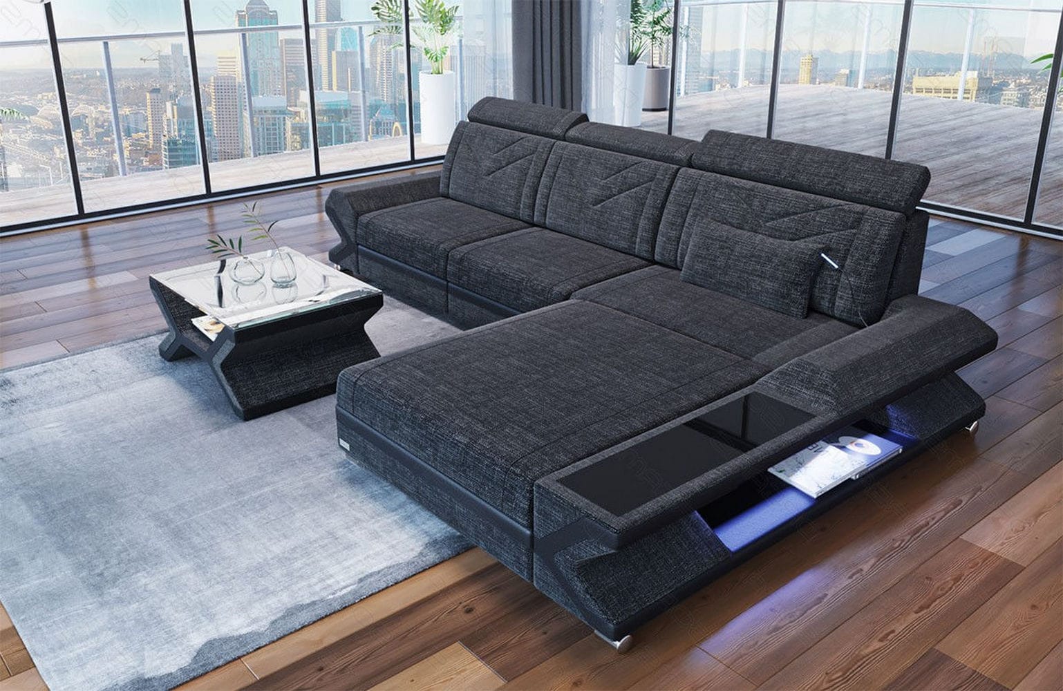 Couch Napoli L Form in Stoff schwarzgrau-schwarz