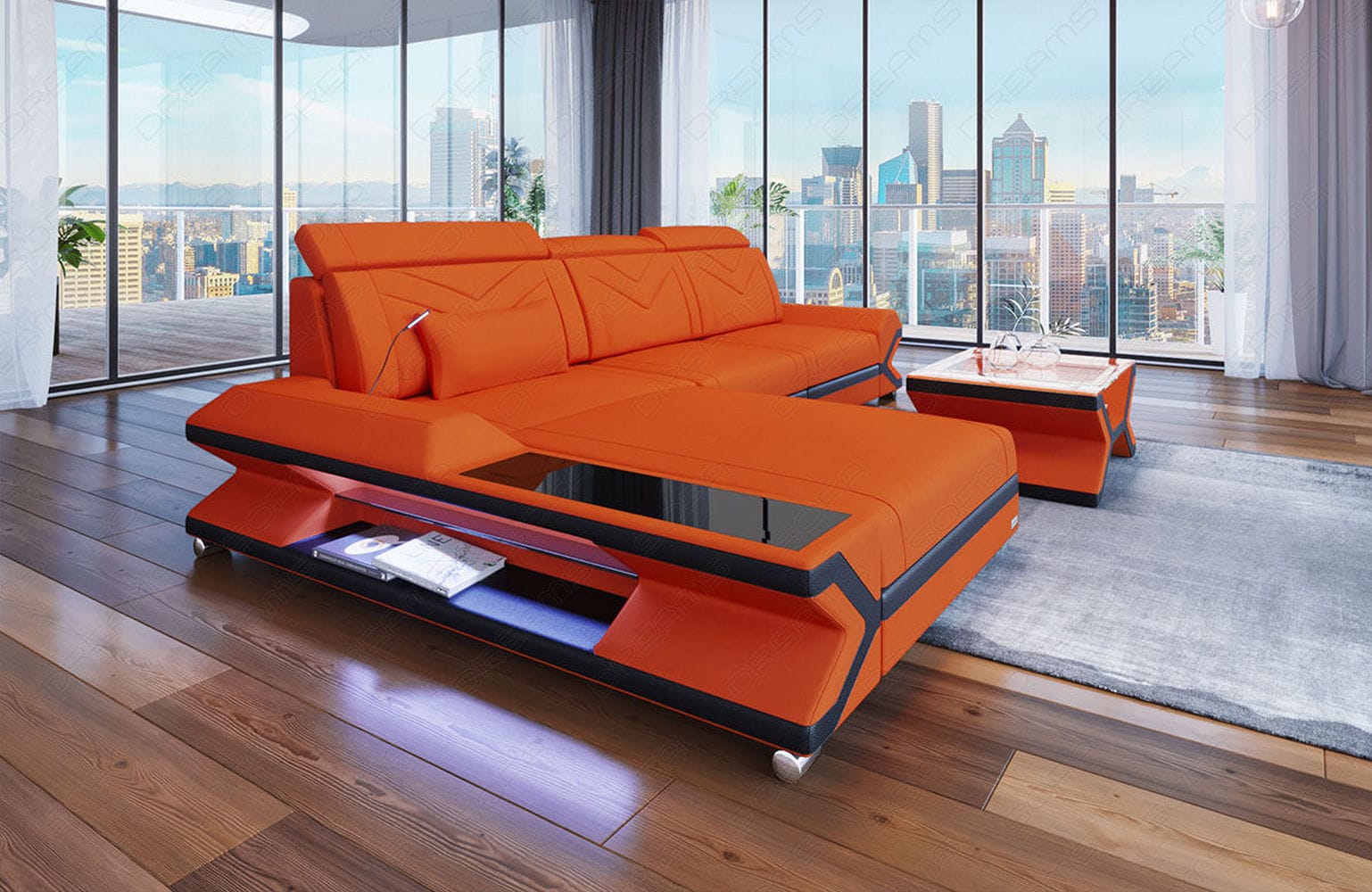Ecksofa Napoli aus Stoff – Komfort & Stil Orange-Schwarz