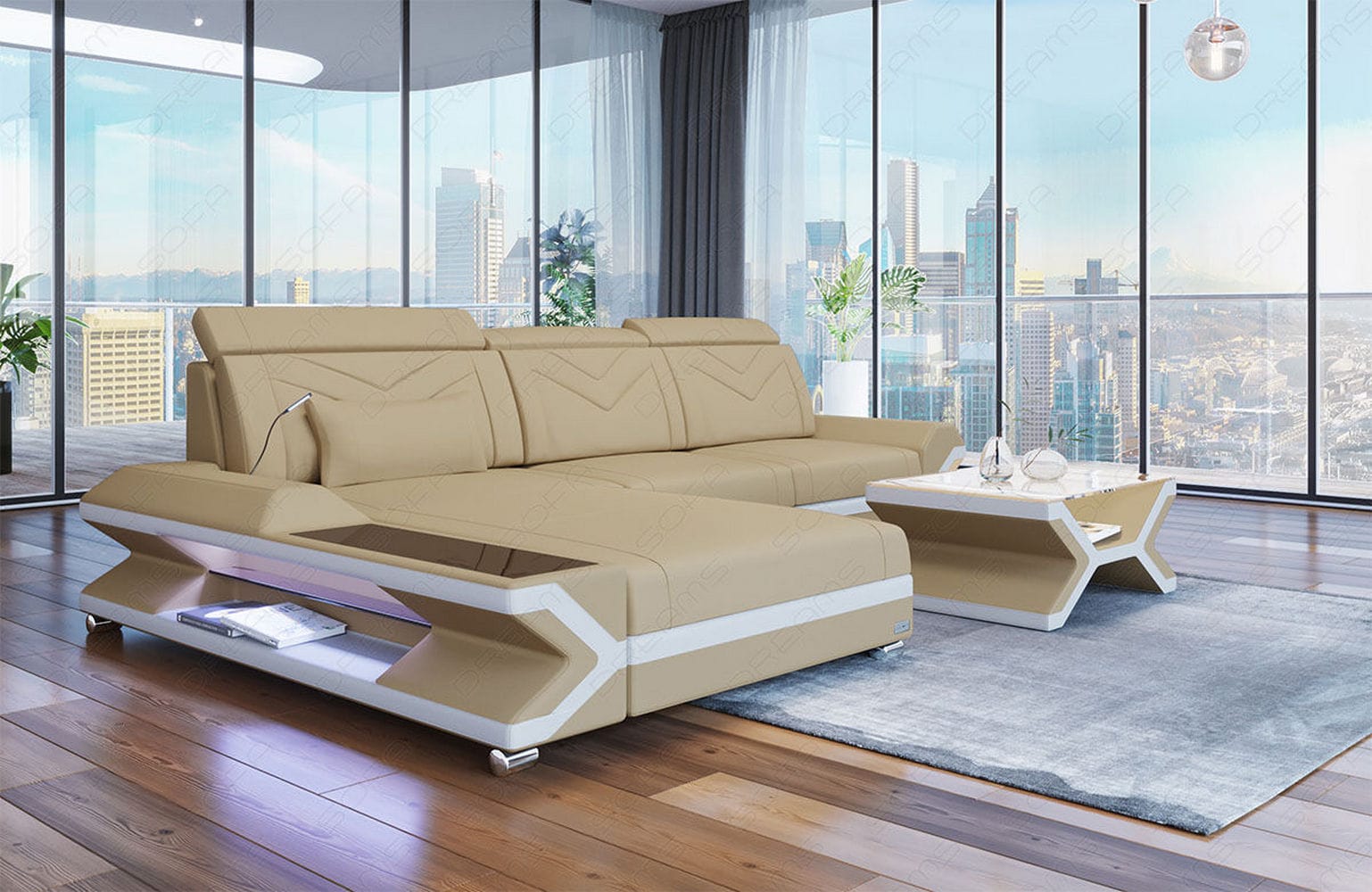 Ecksofa Napoli aus Stoff – Komfort & Stil Beige-Weiß