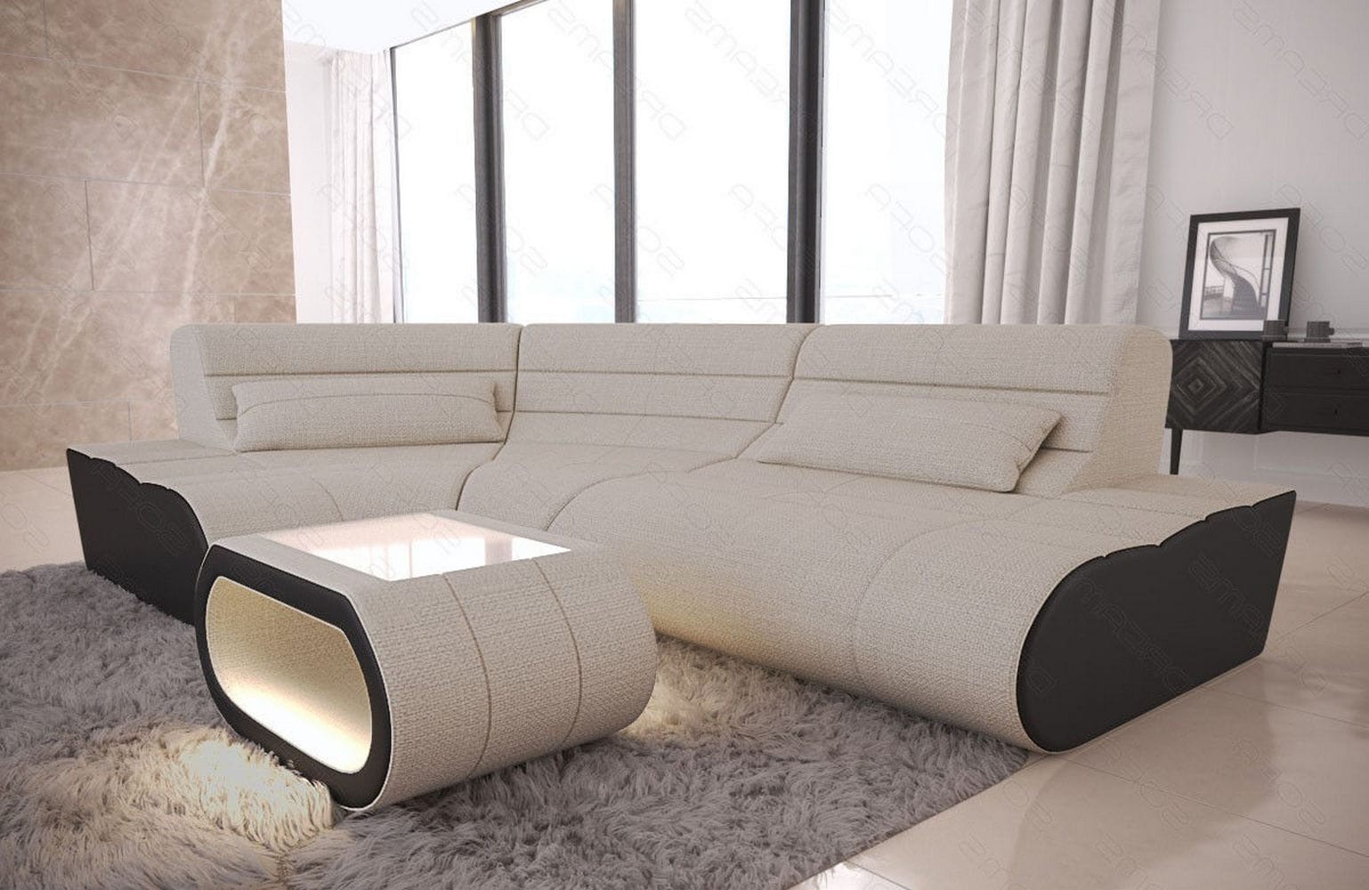 Mini Stoff Ecksofa Concept L Form elfenbein-schwarz