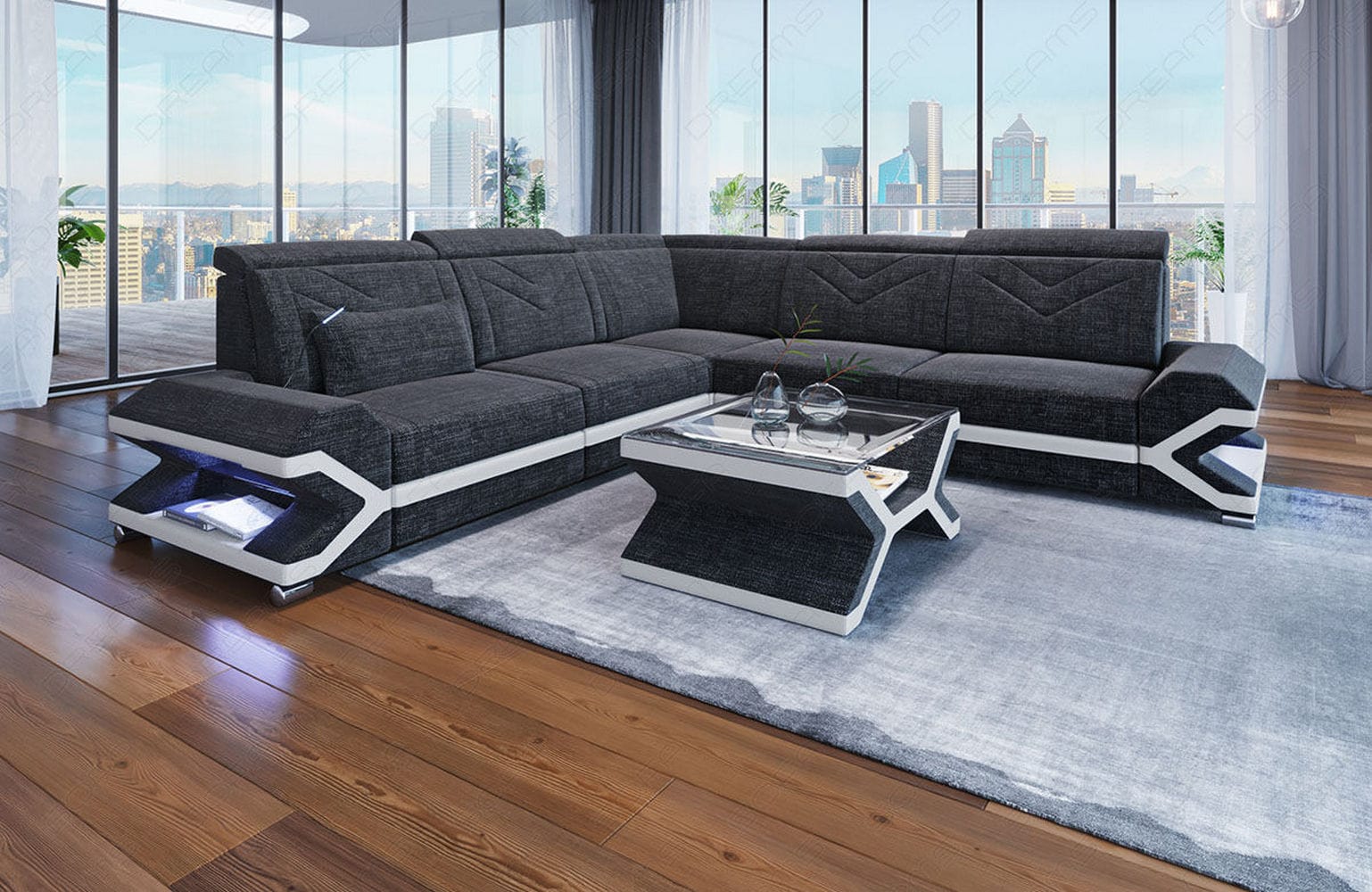 Ecksofa Sorrento L Form aus Stoff schwarzgrau-weiß
