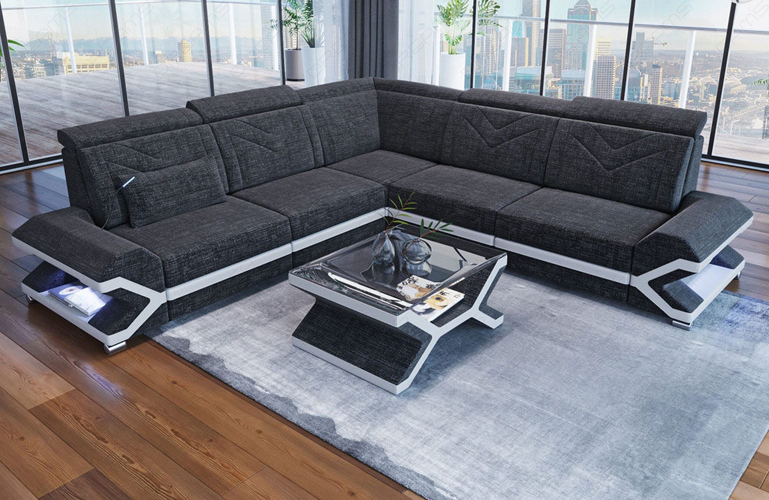 Ecksofa Sorrento L Form aus Stoff schwarzgrau-weiß