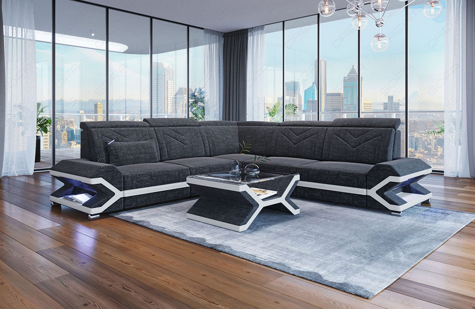 Ecksofa Sorrento L Form aus Stoff schwarzgrau-weiß