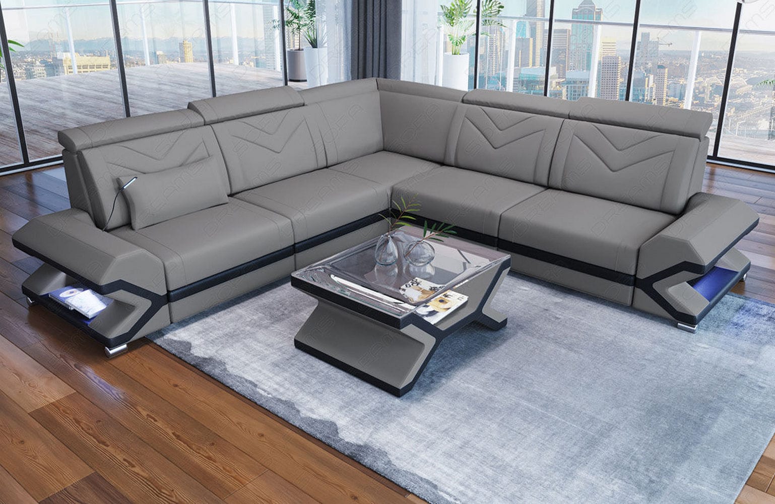 Ecksofa Sorrento L Form aus Stoff hellgrau-schwarz