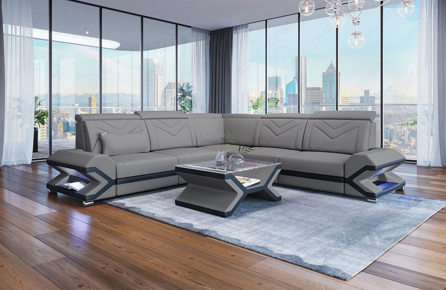 Ecksofa Sorrento L Form aus Stoff hellgrau-schwarz