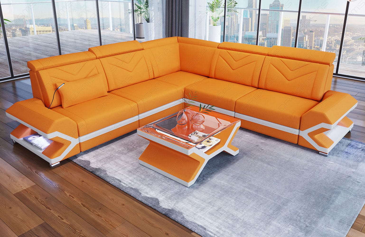 Ecksofa Sorrento L Form aus Stoff apricot-weiß