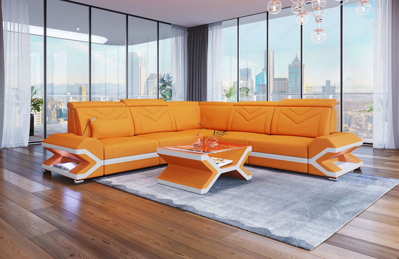 Ecksofa Sorrento L Form aus Stoff apricot-weiß