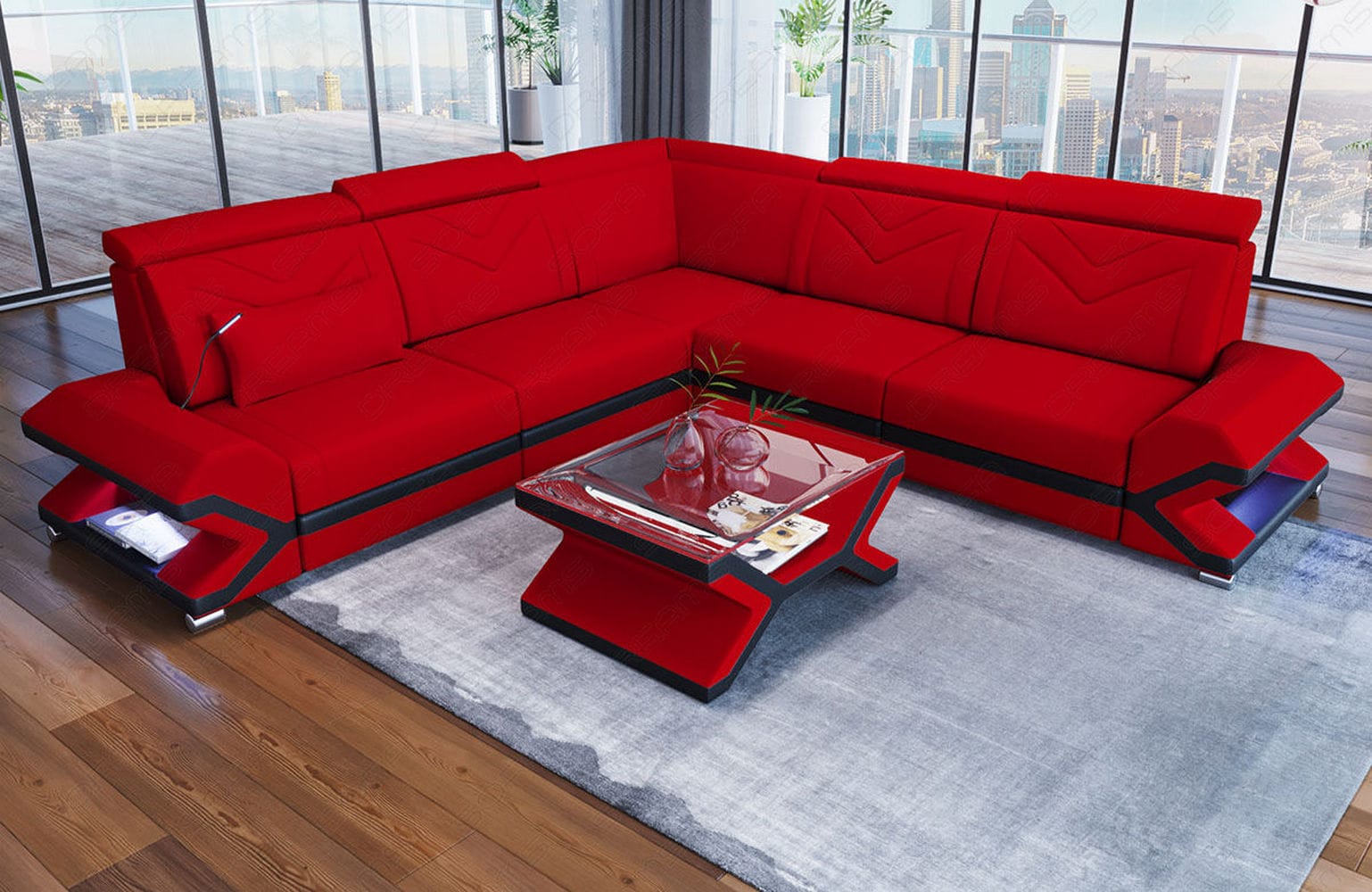Ecksofa Sorrento L-Form aus Stoff Rot-Schwarz