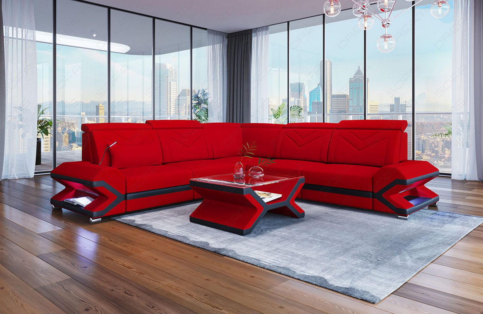 Ecksofa Sorrento L-Form aus Stoff Rot-Schwarz