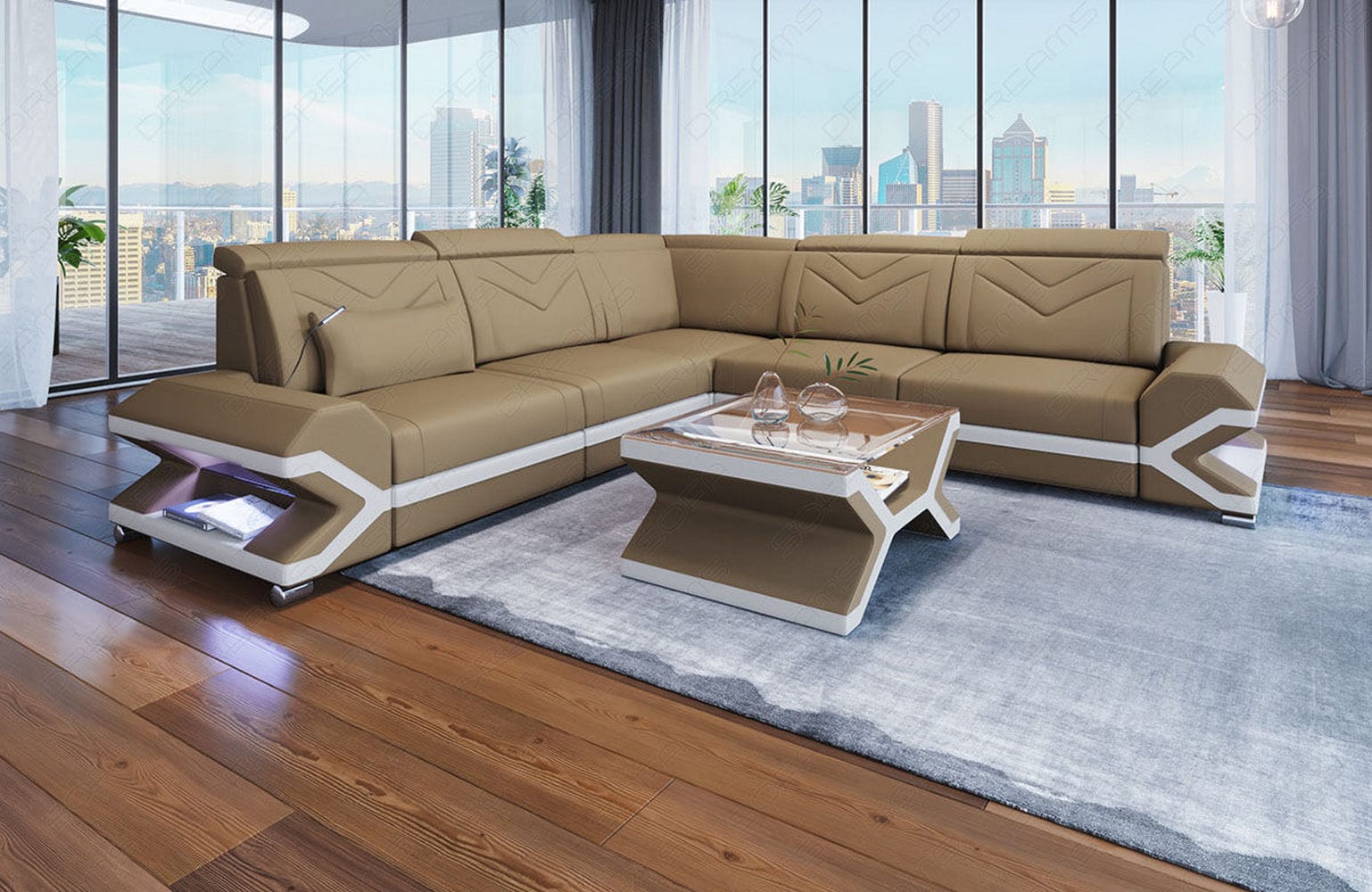 Ecksofa Sorrento L-Form aus Stoff Cappuccino-Weiß