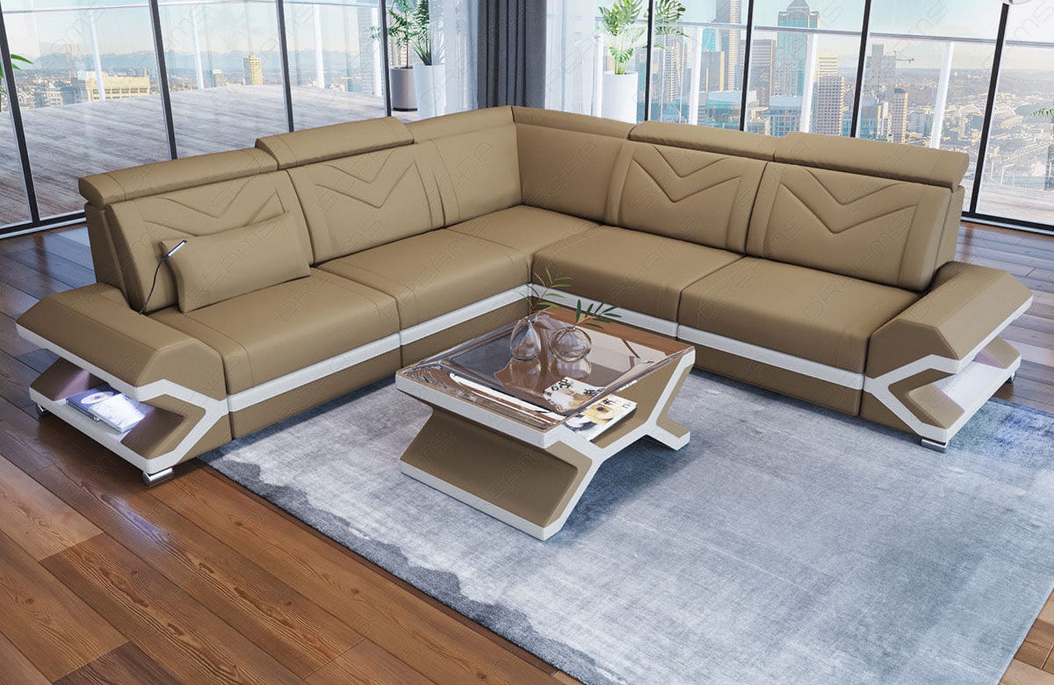 Ecksofa Sorrento L-Form aus Stoff Cappuccino-Weiß