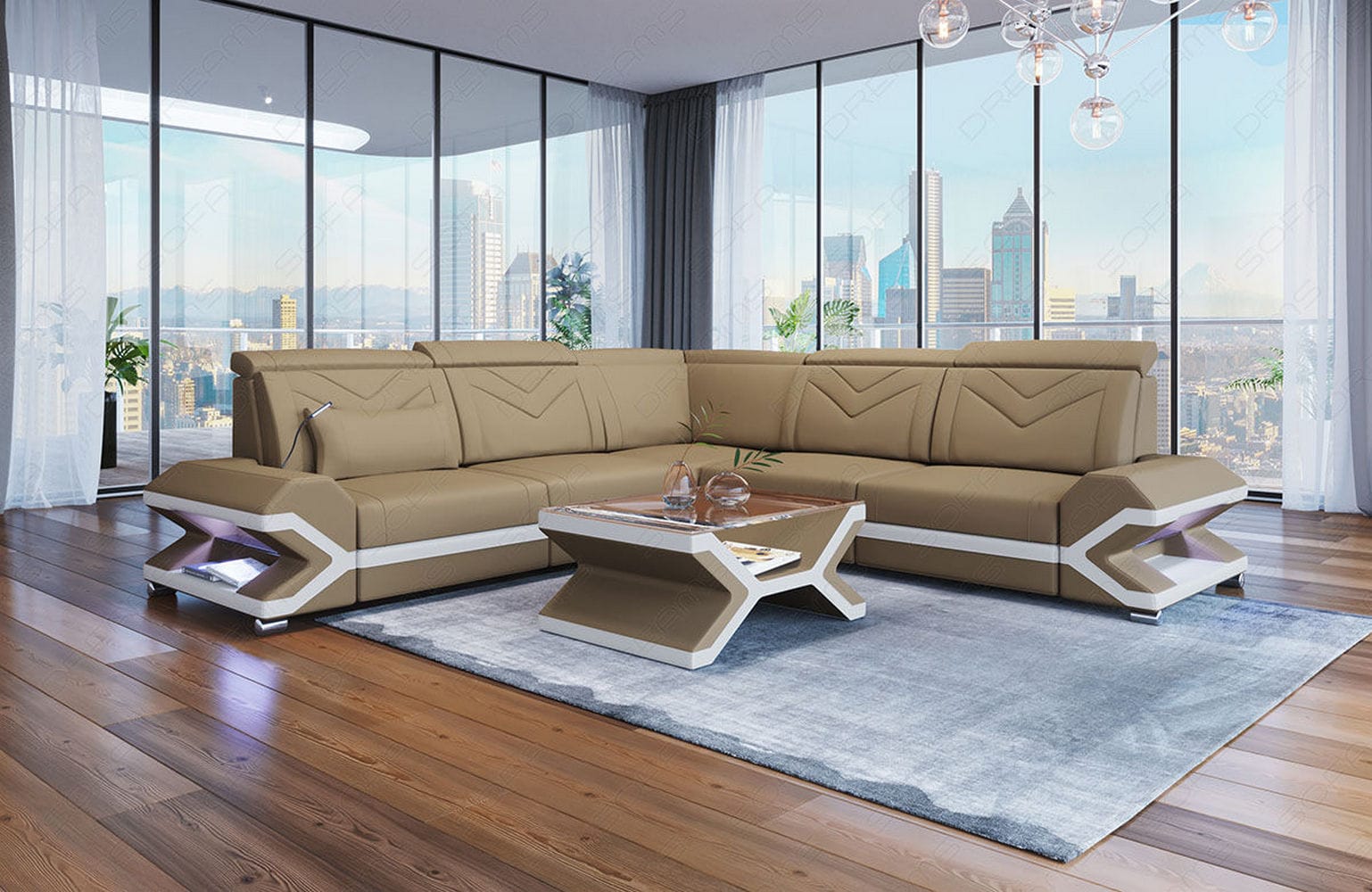 Ecksofa Sorrento L-Form aus Stoff Cappuccino-Weiß