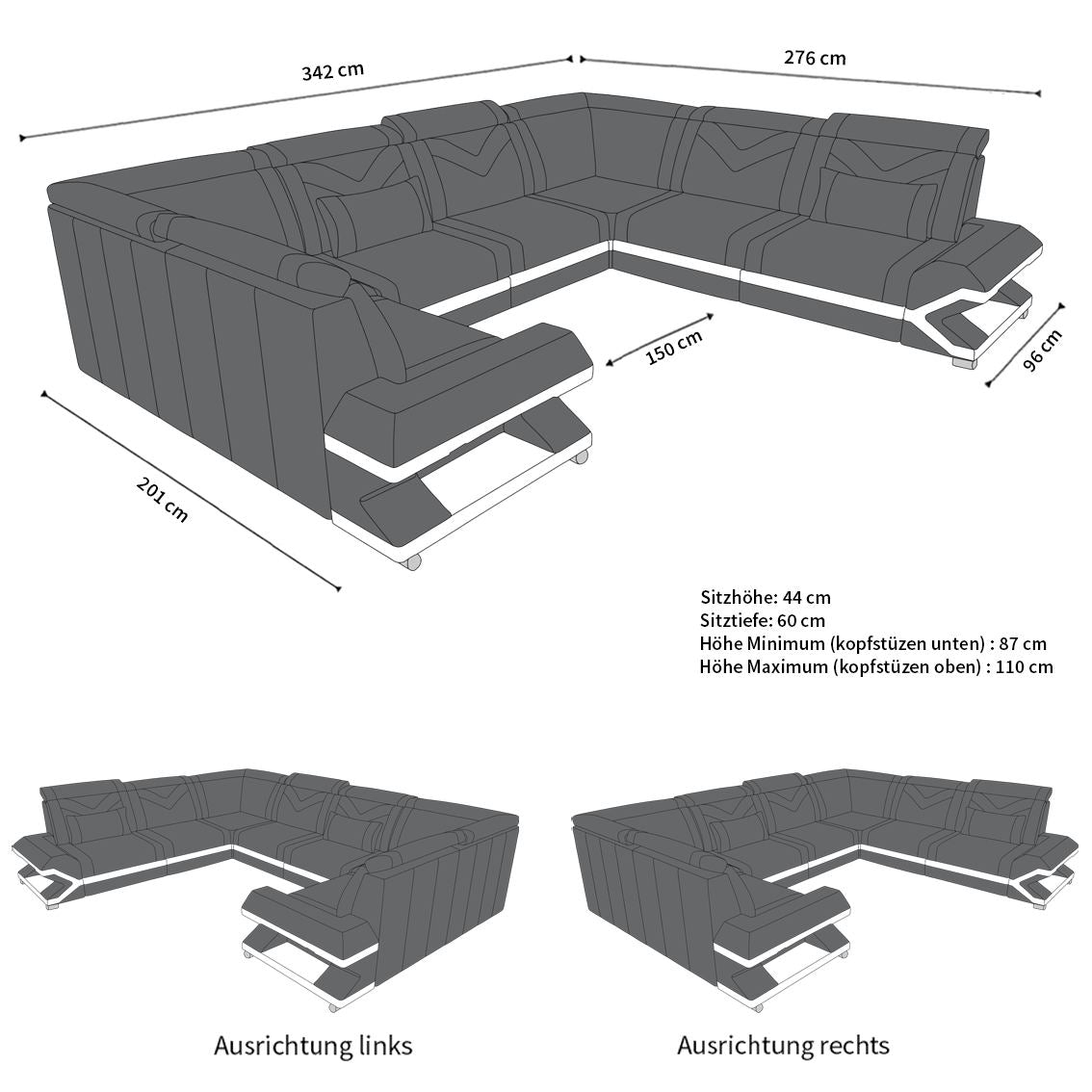 Stoff Wohnlandschaft Sorrento – Komfort & Stil Schwarzgrau-Schwarz