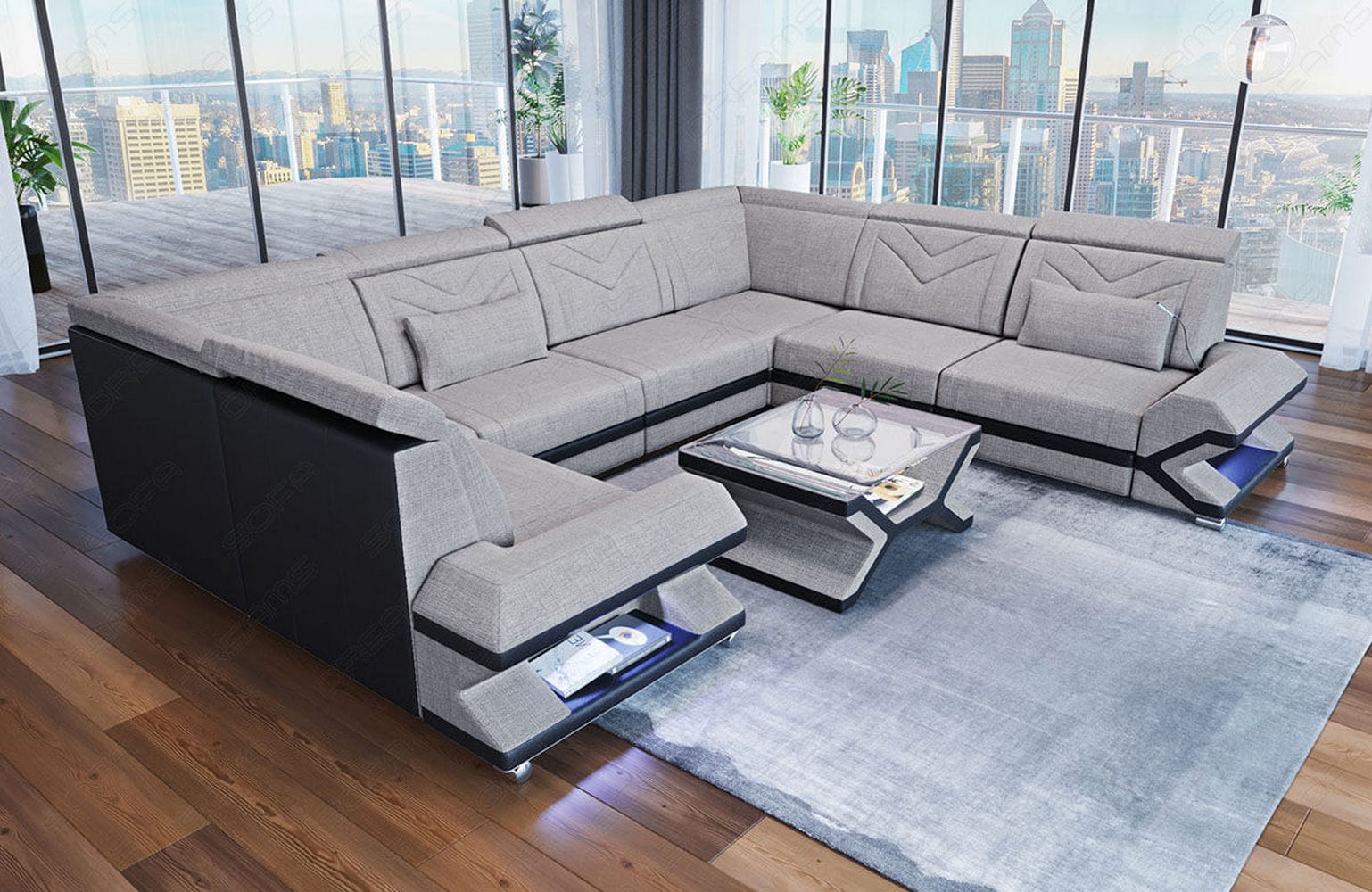 Wohnlandschaft Sorrento U-Form aus Stoff Macchiato-Schwarz