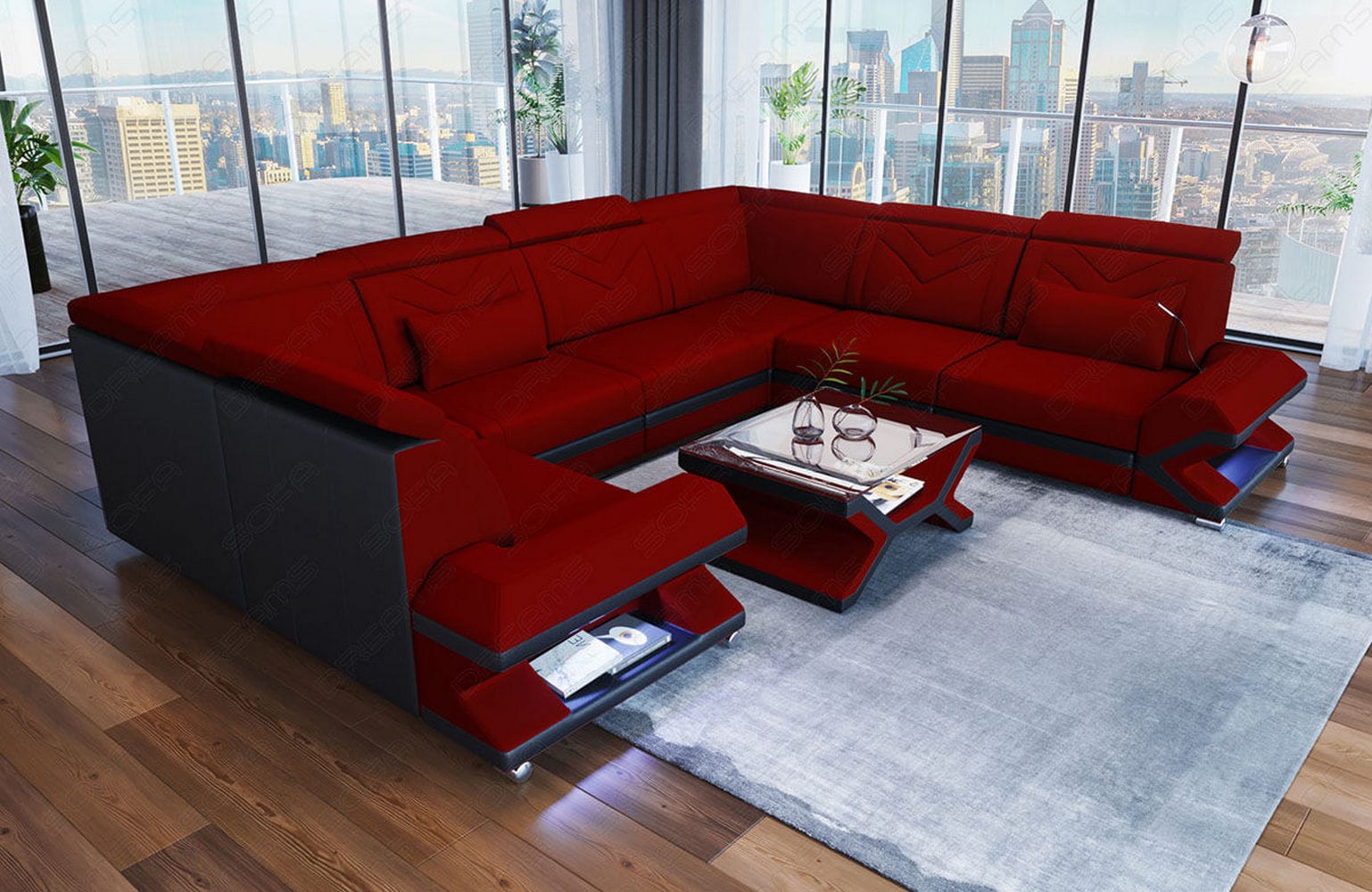 Wohnlandschaft Sorrento U-Form aus Stoff Dunkelrot-Schwarz