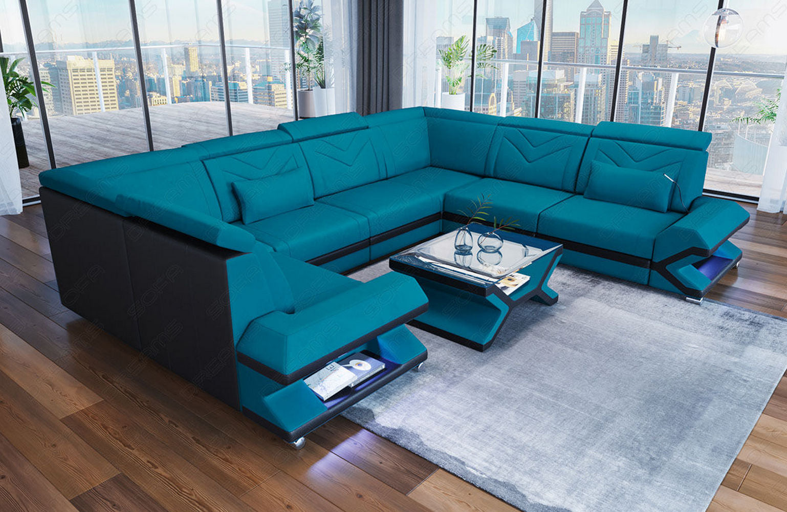 Stoff Wohnlandschaft Sorrento – Komfort & Stil Azurblau-Schwarz