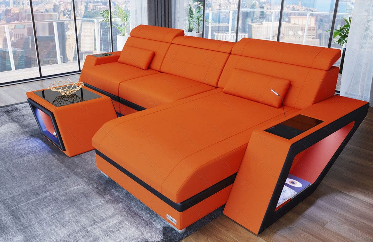Ecksofa Catania L Form aus Stoff orange-schwarz