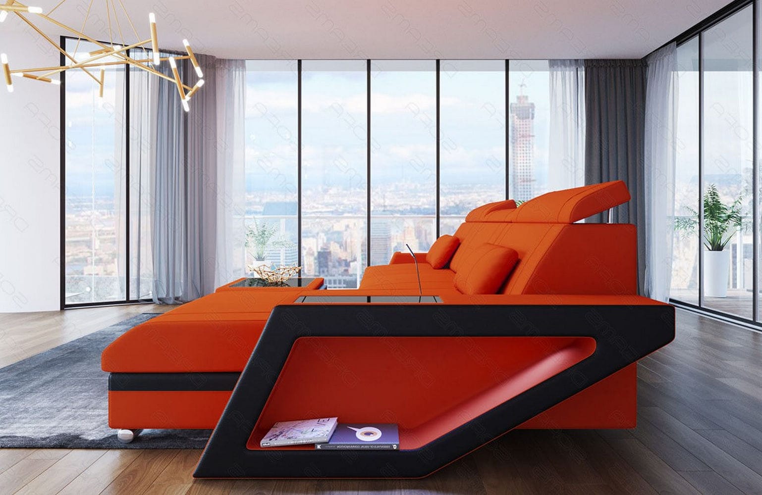 Ecksofa Catania L Form aus Stoff orange-schwarz