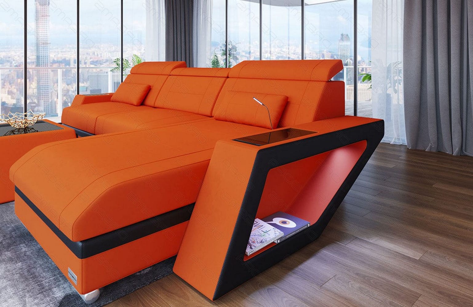 Ecksofa Catania L Form aus Stoff orange-schwarz