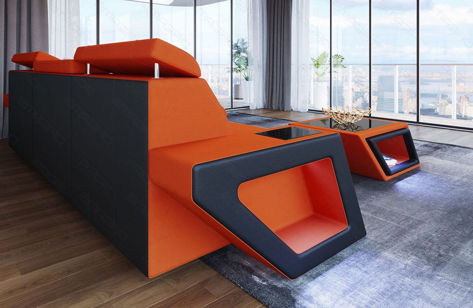 Ecksofa Catania L Form aus Stoff orange-schwarz