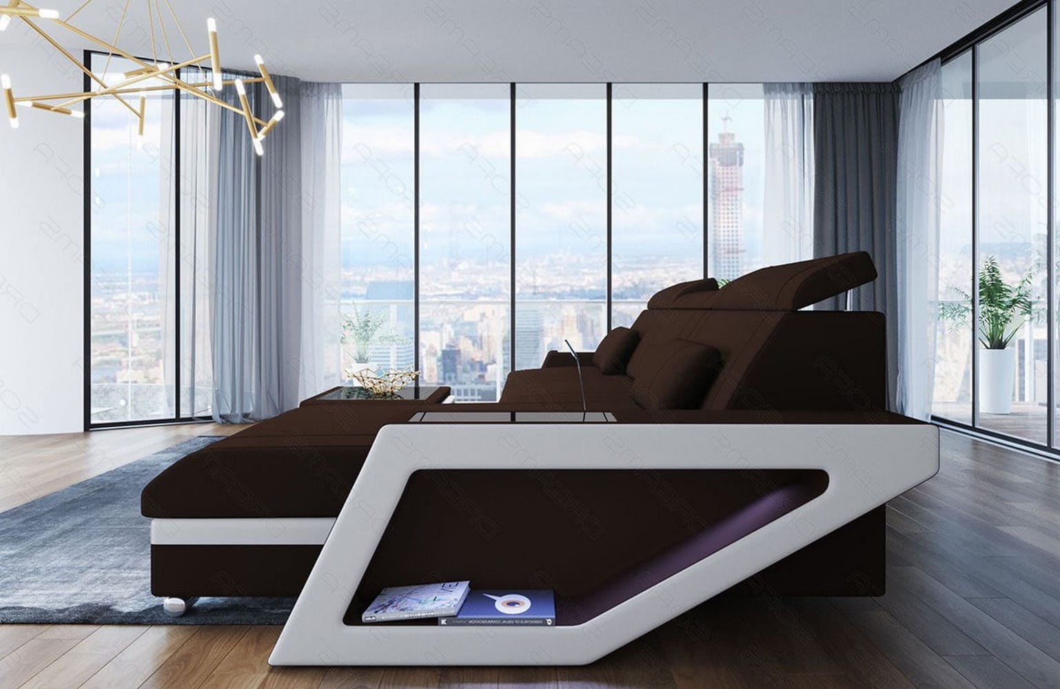 Ecksofa Catania L-Form aus Stoff Dunkelbraun-Weiß