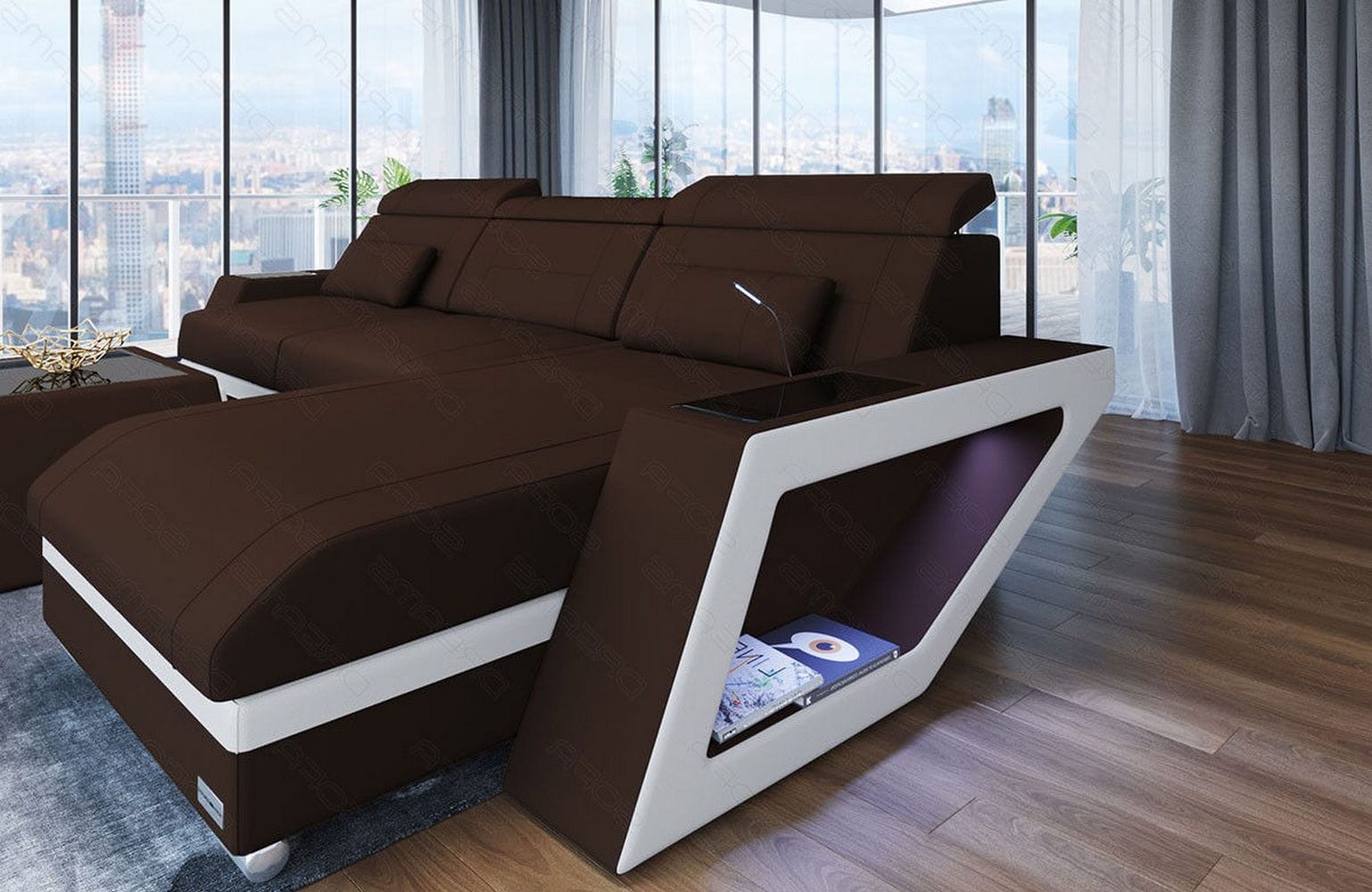Ecksofa Catania L-Form aus Stoff Dunkelbraun-Weiß