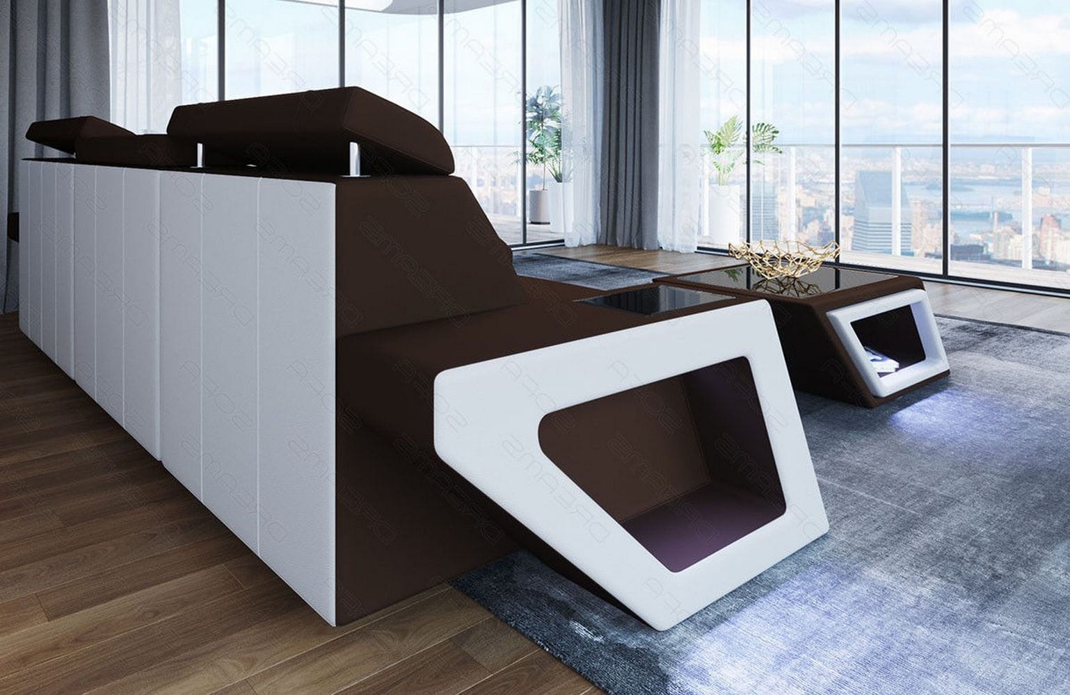 Ecksofa Catania L-Form aus Stoff Dunkelbraun-Weiß