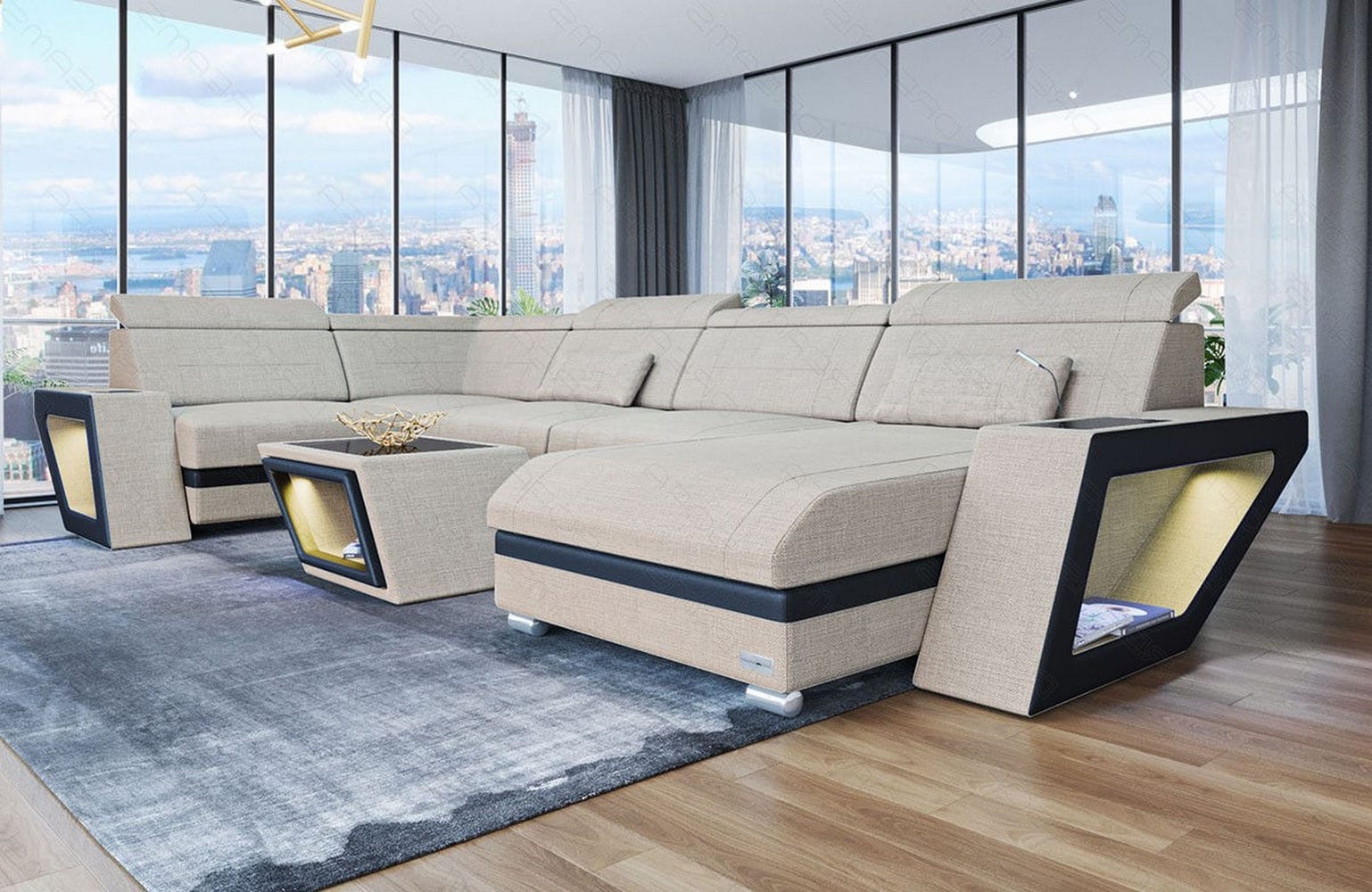 Stoff Wohnlandschaft Catania – Modern & Bequem Elfenbein-Schwarz