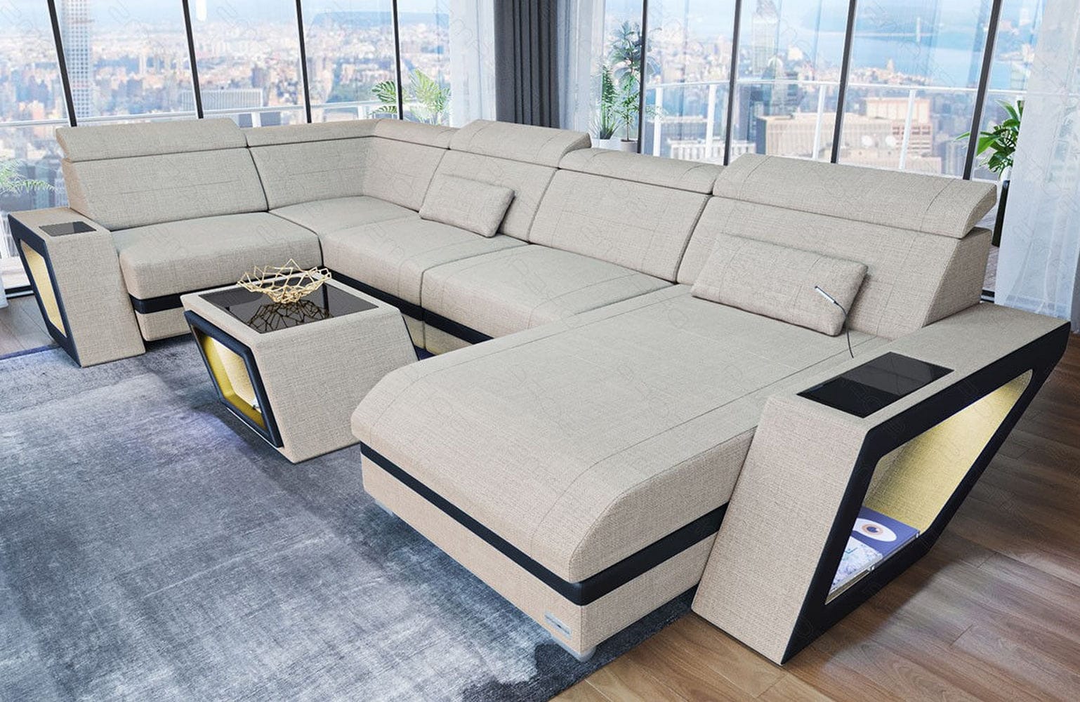 Stoff Wohnlandschaft Catania – Modern & Bequem Elfenbein-Schwarz