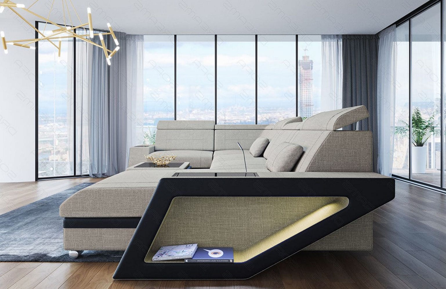 Stoff Wohnlandschaft Catania – Modern & Bequem Elfenbein-Schwarz