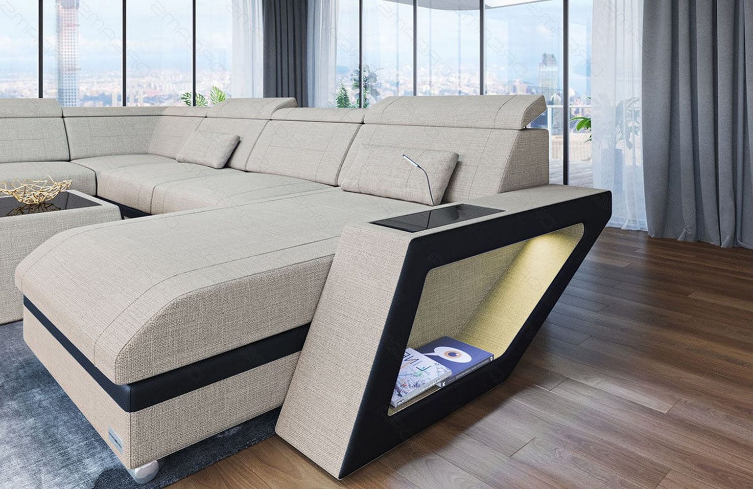 Stoff Wohnlandschaft Catania – Modern & Bequem Elfenbein-Schwarz