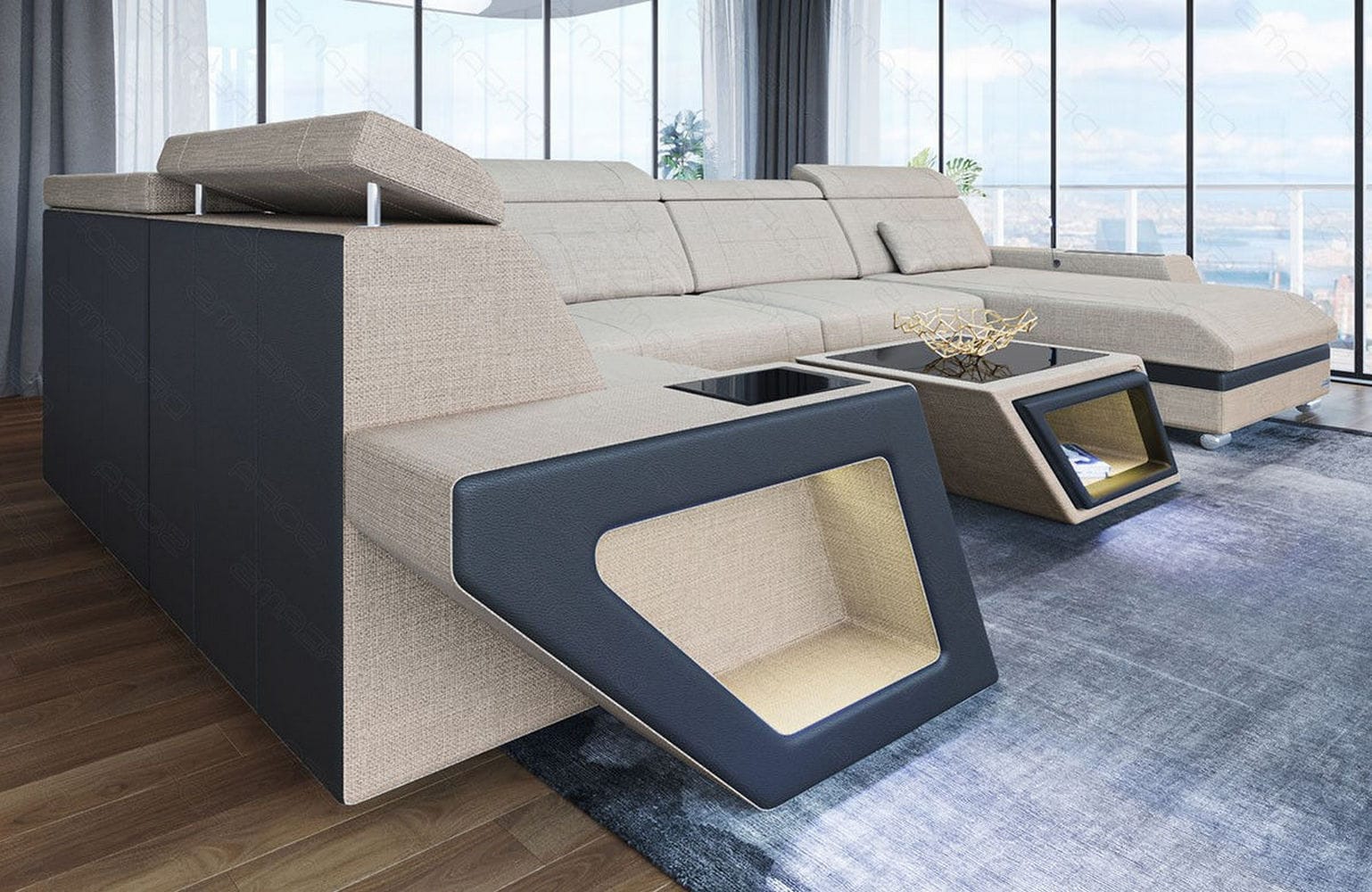 Stoff Wohnlandschaft Catania – Modern & Bequem Elfenbein-Schwarz