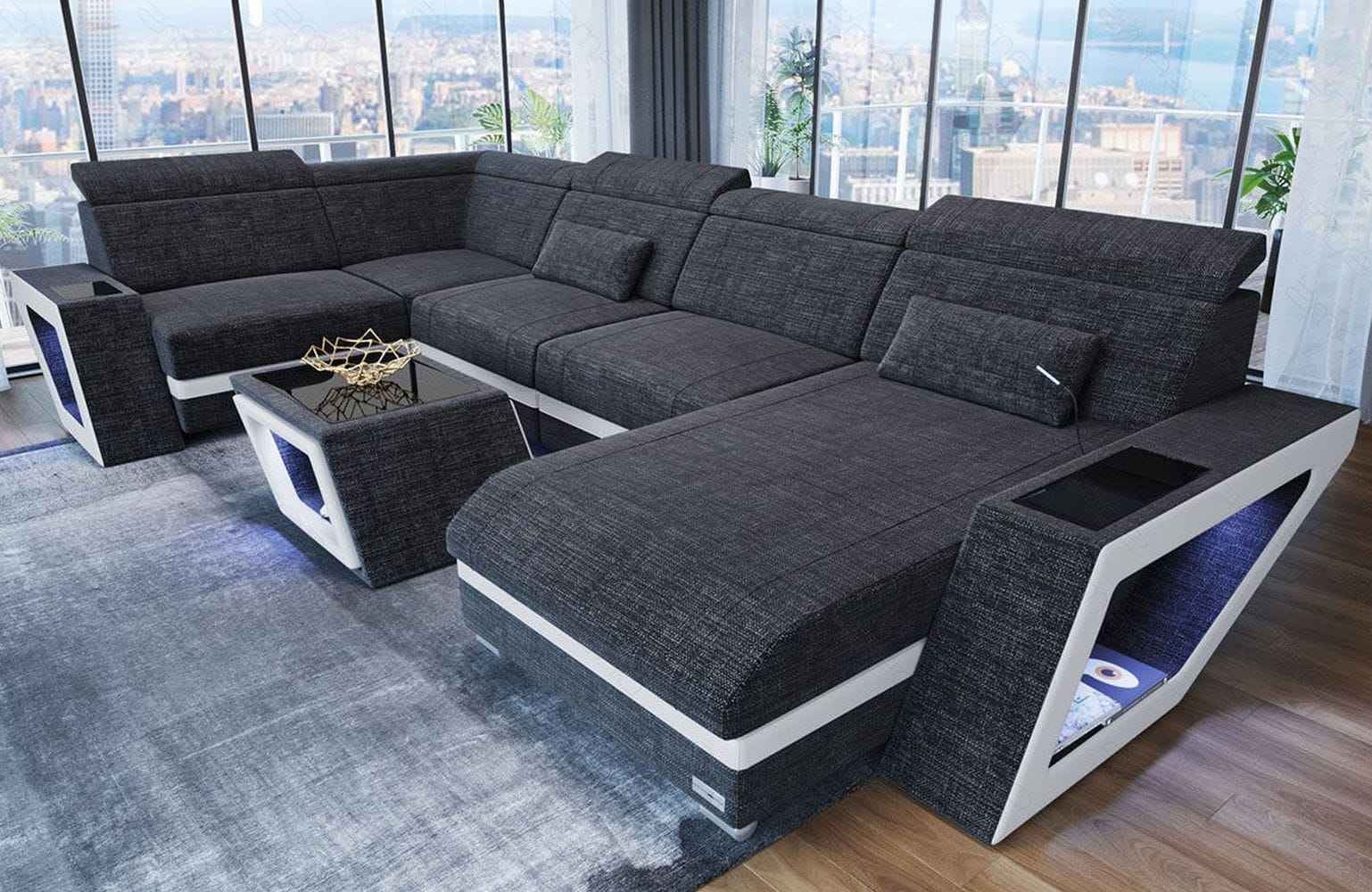 Stoff Wohnlandschaft Catania – Modern & Bequem Schwarzgrau-Weiß