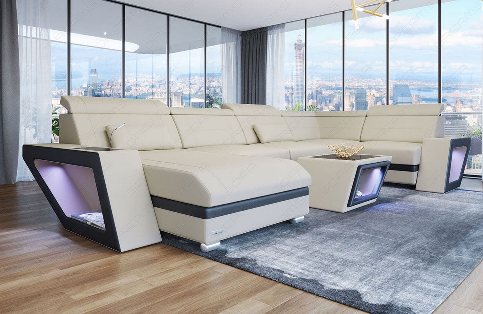Stoff Wohnlandschaft Catania – Modern & Bequem Elfenbein-Schwarz