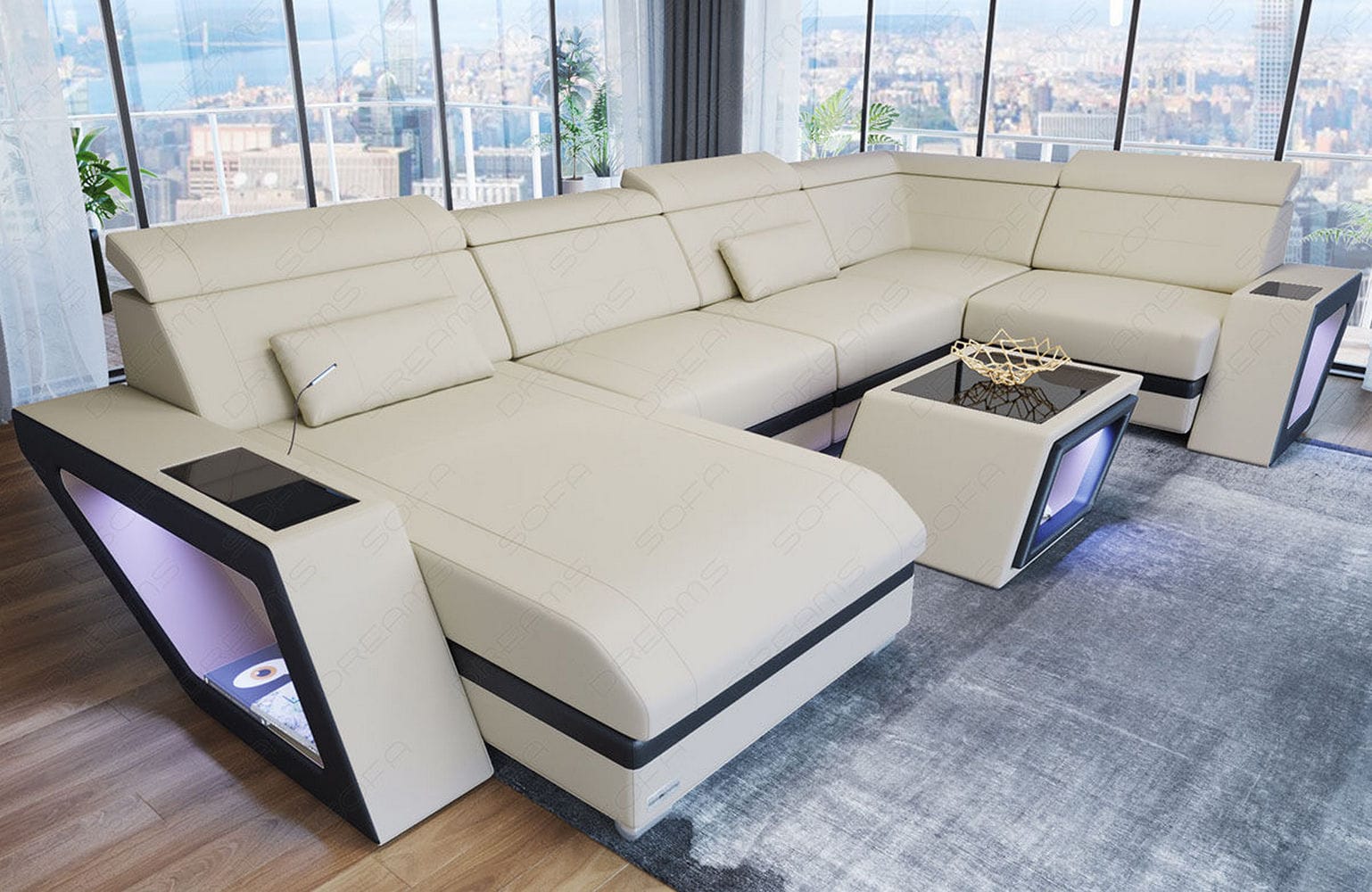 Stoff Wohnlandschaft Catania – Modern & Bequem Elfenbein-Schwarz
