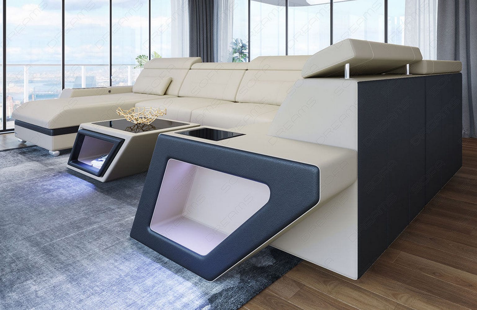 Stoff Wohnlandschaft Catania – Modern & Bequem Elfenbein-Schwarz