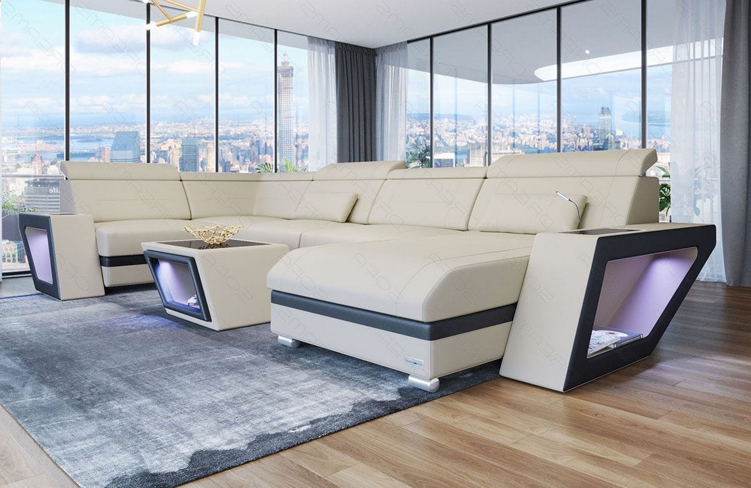 Stoff Wohnlandschaft Catania – Modern & Bequem Elfenbein-Schwarz