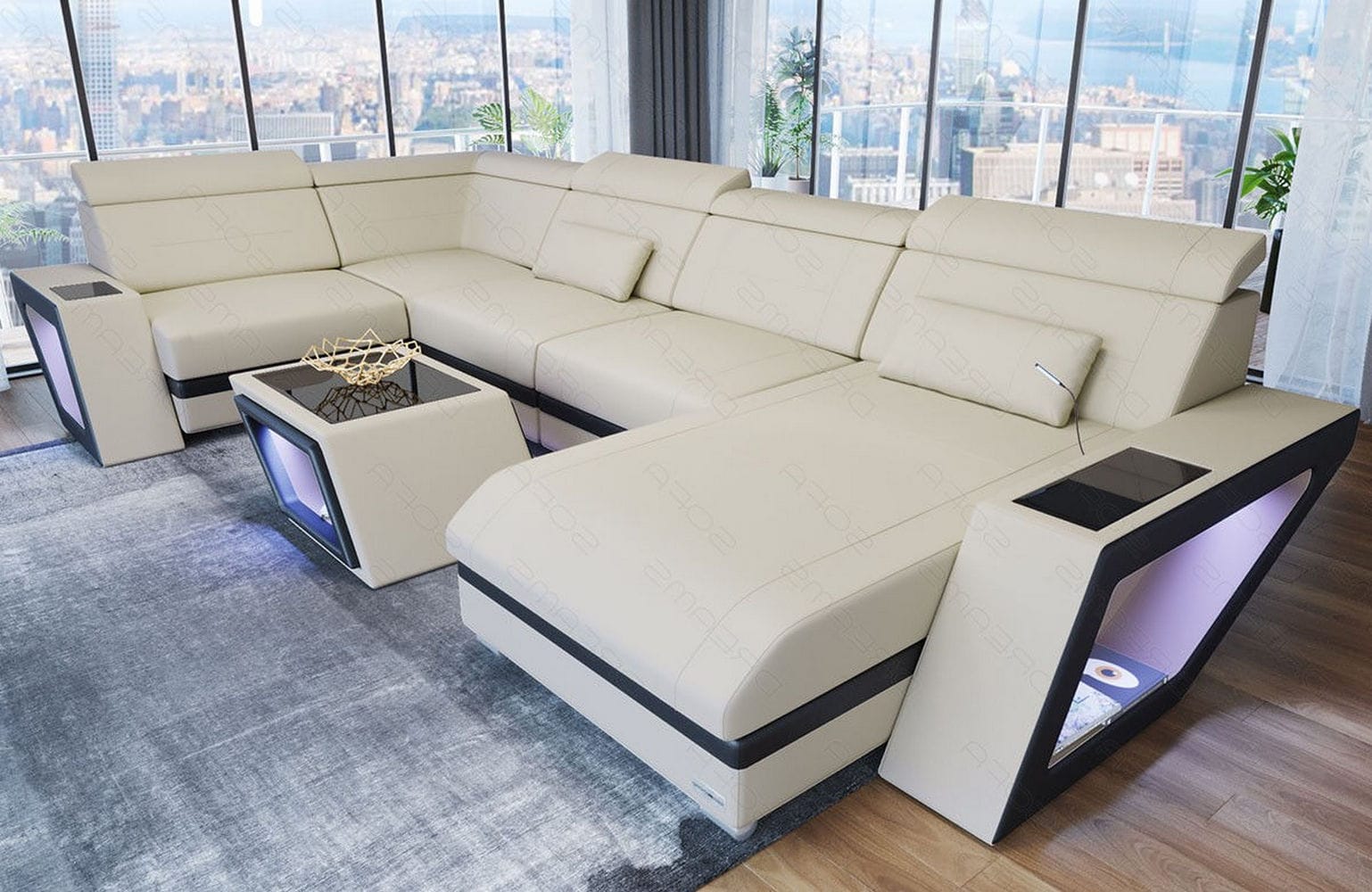 Stoff Wohnlandschaft Catania – Modern & Bequem Elfenbein-Schwarz