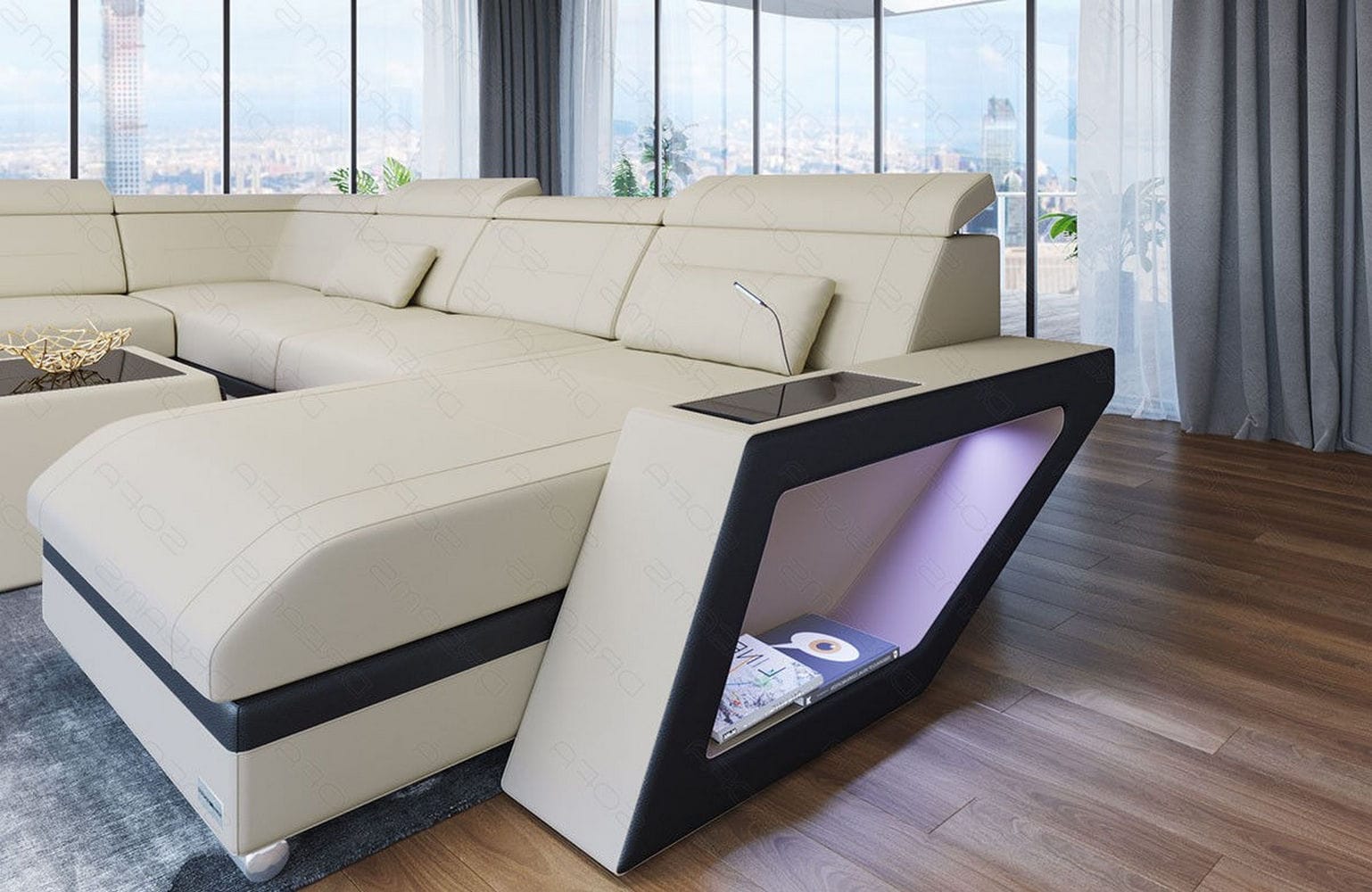 Stoff Wohnlandschaft Catania – Modern & Bequem Elfenbein-Schwarz
