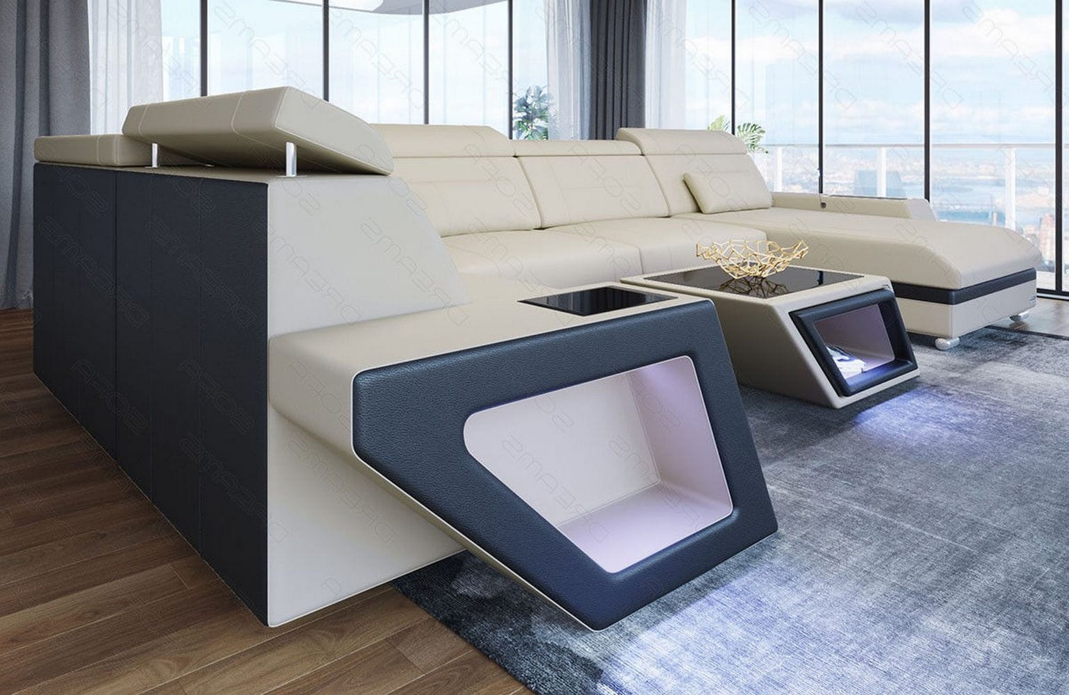 Stoff Wohnlandschaft Catania – Modern & Bequem Elfenbein-Schwarz