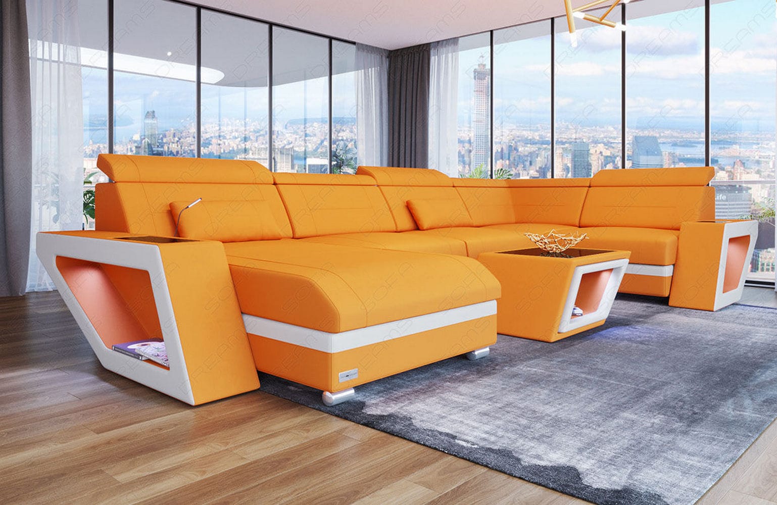 Stoff Wohnlandschaft Catania – Modern & Bequem Apricot-Weiß