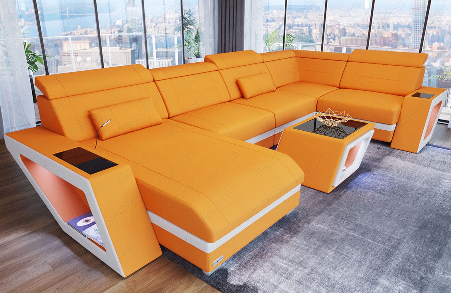 Stoff Wohnlandschaft Catania – Modern & Bequem Apricot-Weiß