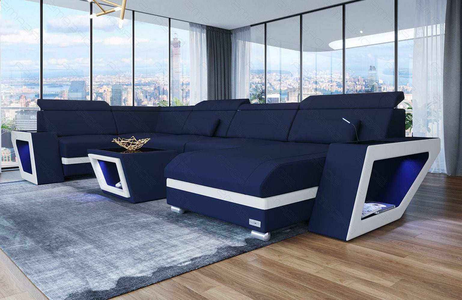 Stoff Wohnlandschaft Catania – Modern & Bequem Dunkelblau-Weiß