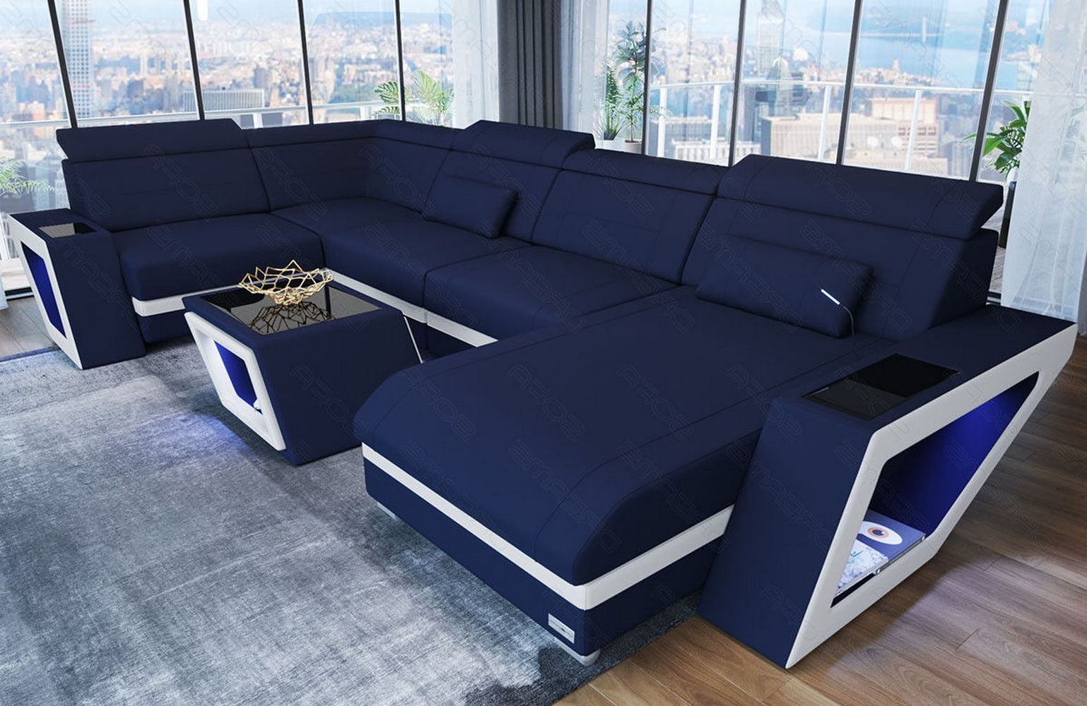 Stoff Wohnlandschaft Catania – Modern & Bequem Dunkelblau-Weiß