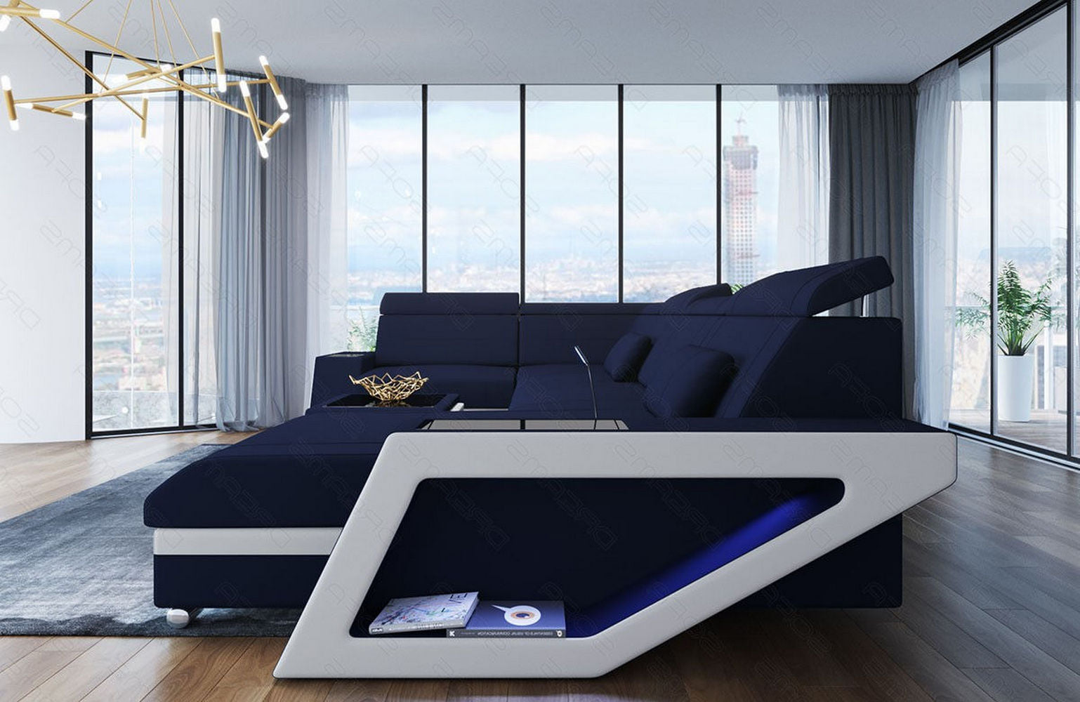 Stoff Wohnlandschaft Catania – Modern & Bequem Dunkelblau-Weiß